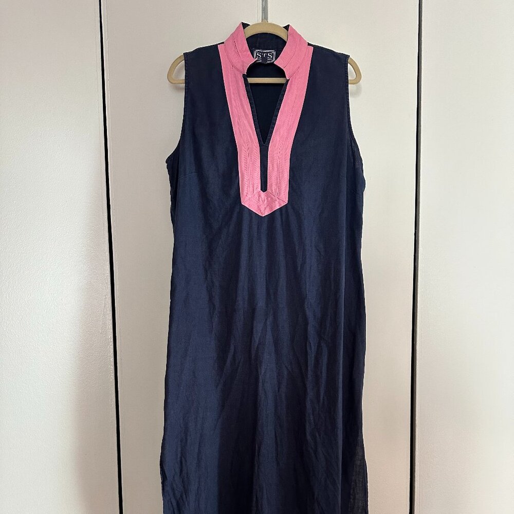 Sail to Sable Full-Length Linen Shift Dress – XL – Blue with Pink Trim